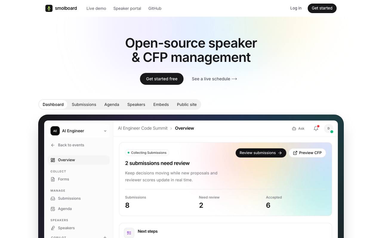 Homepage thumbnail for smolboard: open-source speaker & CFP management
